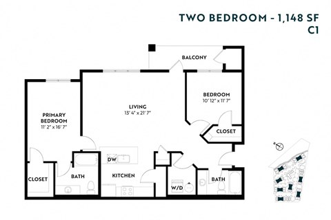 Floor plan for 2 beds, 2 baths, 1148 sqft